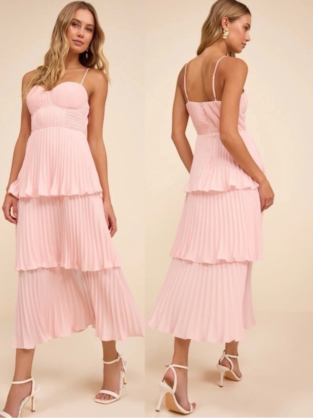 NWT Lulu’s Cascading Crush Blush Pink Tiered Bustier Midi Dress Small 2790631